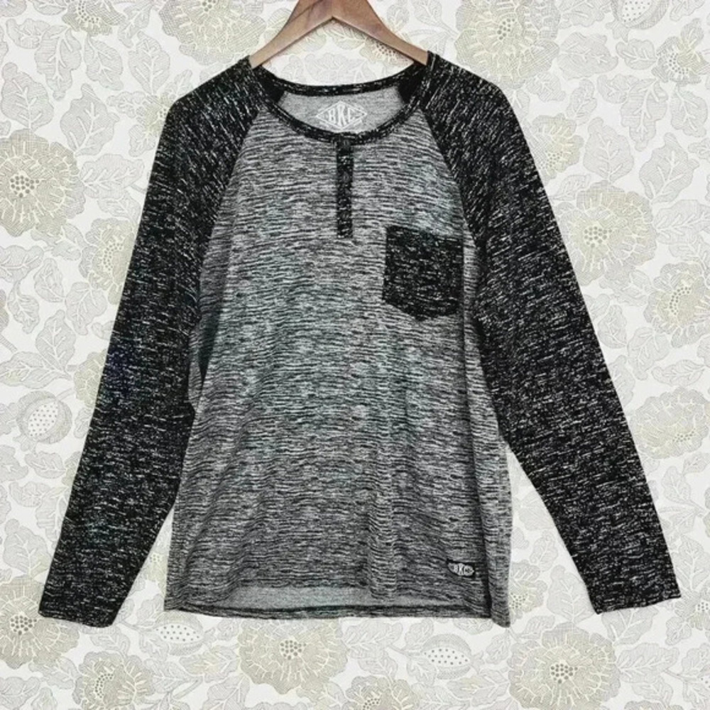 BKC‎ Mens Long Sleeve Henley Shirt Black/Grey XL Cotton/Polyester Sweatshirt